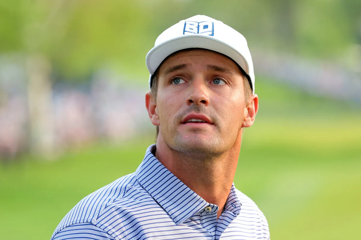 Bryson DeChambeau of the United States looks on from the 18th green during the final round of the 2023 PGA Championship at Oak Hill Country Club in Rochester, N. Y., on May 21, 2023. (Kevin C. Cox/Getty Images)