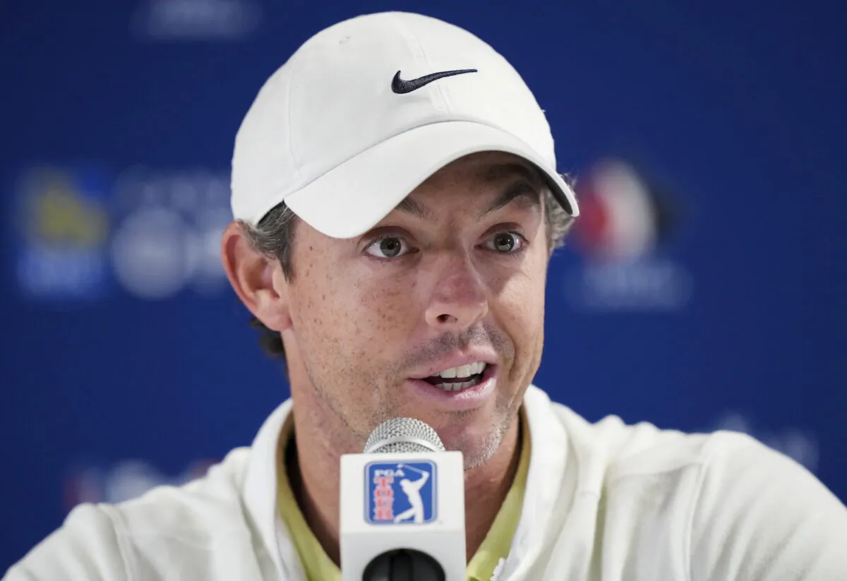 Rory McIlroy speaks to the media about the deal merging the PGA Tour and European tour with Saudi Arabia's golf interests at the Canadian Open golf tournament in Toronto on June 7, 2023. (Nathan Denette/The Canadian Press via AP)