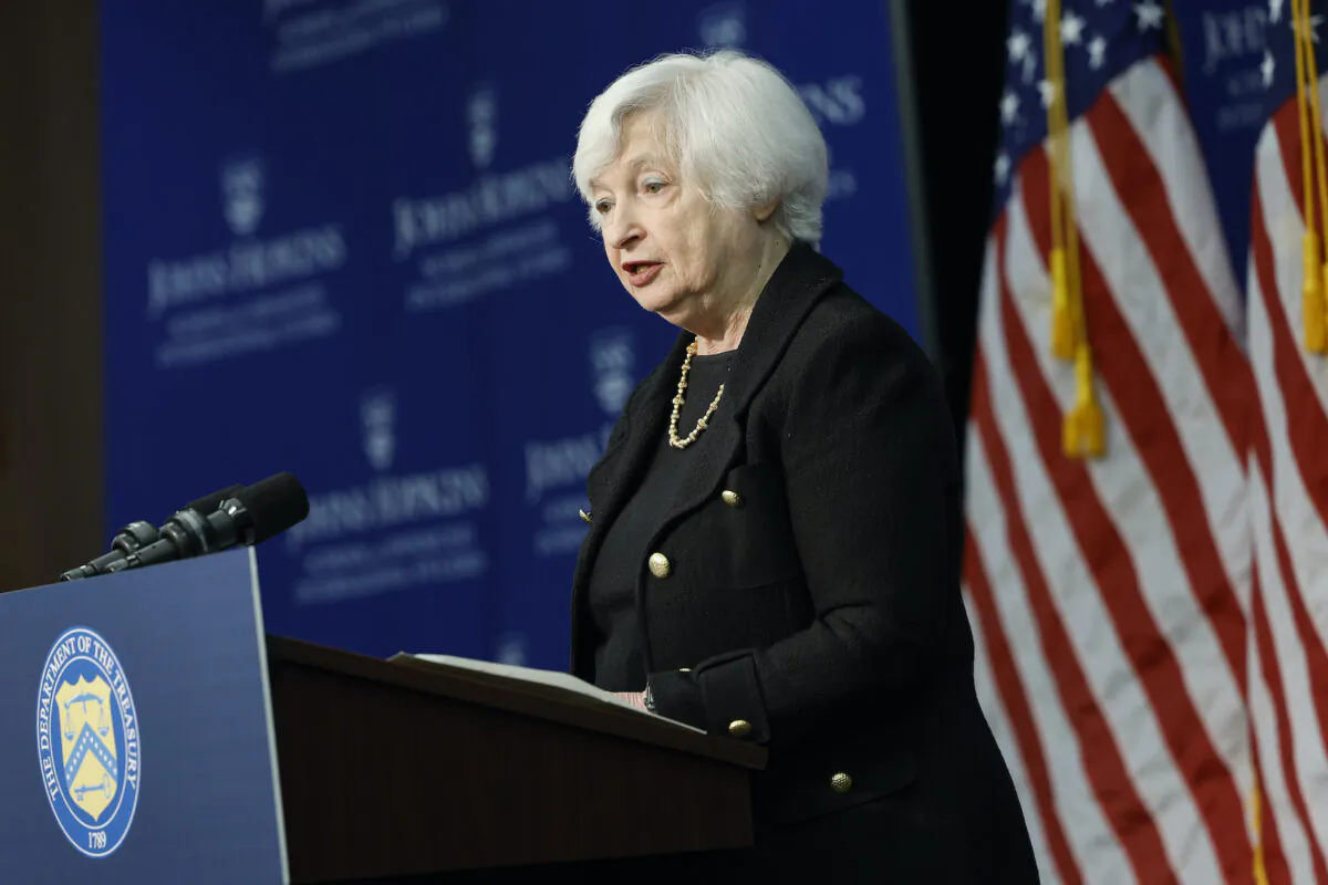 U.S. Secretary of the Treasury Janet Yellen delivers remarks at Johns Hopkins University’s School of Advanced International Studies (SAIS) in Washington on April 20, 2023. (Anna Moneymaker/Getty Images)