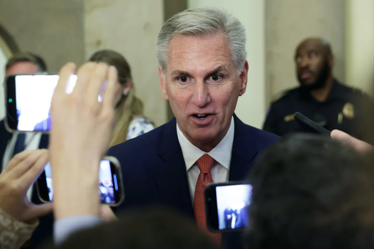 U.S. Speaker of the House Rep. Kevin McCarthy (R-Calif.) speaks to members of the press outside his office at the U.S. Capitol in Washington on June 7, 2023. (Alex Wong/Getty Images)