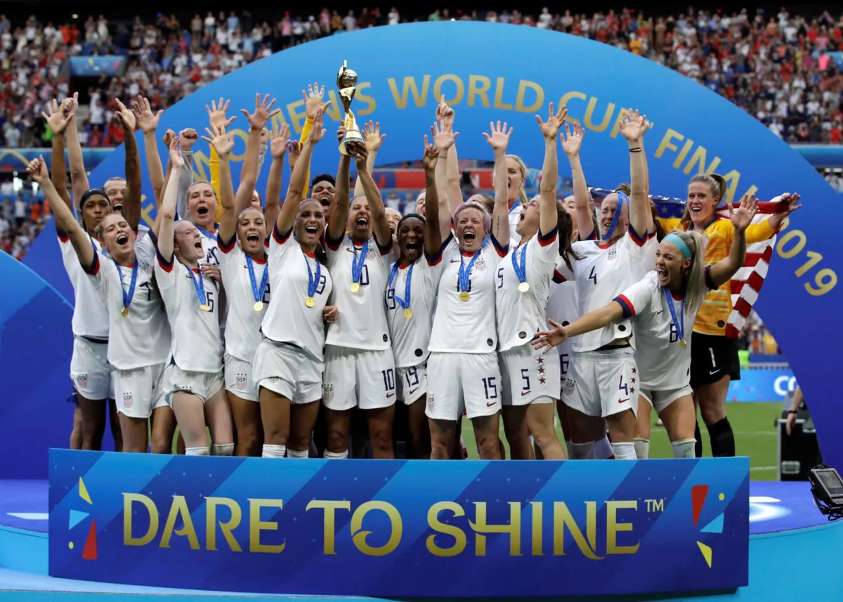 Team USA celebrates after winning the Women's World Cup soccer final against the Netherlands at the Stade de Lyon in Decines, outside Lyon, France, on July 7, 2019. (Alessandra Tarantino/AP Photo)