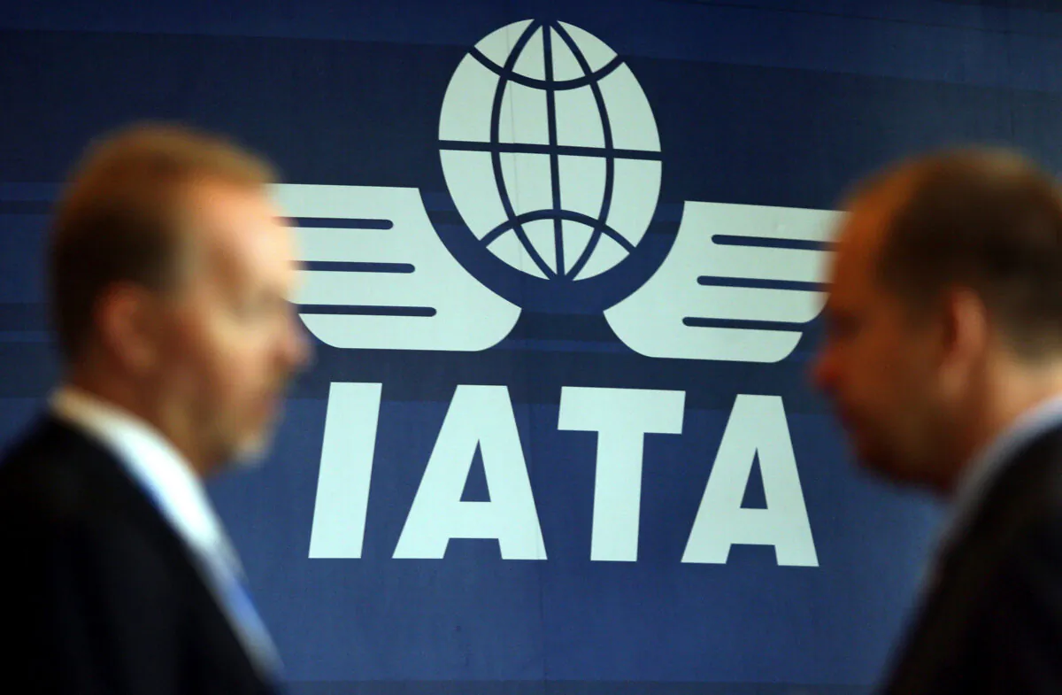 The logo for the International Air Transport Association is seen at its 65th annual general meeting in Kuala Lumpur on June 8, 2009. (AFP/AFP via Getty Images)