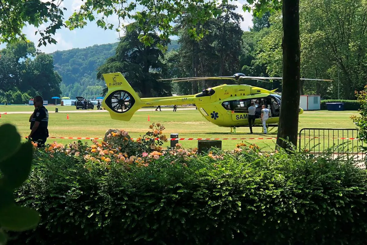 A medical helicopter is pictured after a knife attack in a park of Annecy, French Alps, on June 8, 2023. (Florent Pecchio/L'Essor Savoyard via AP)