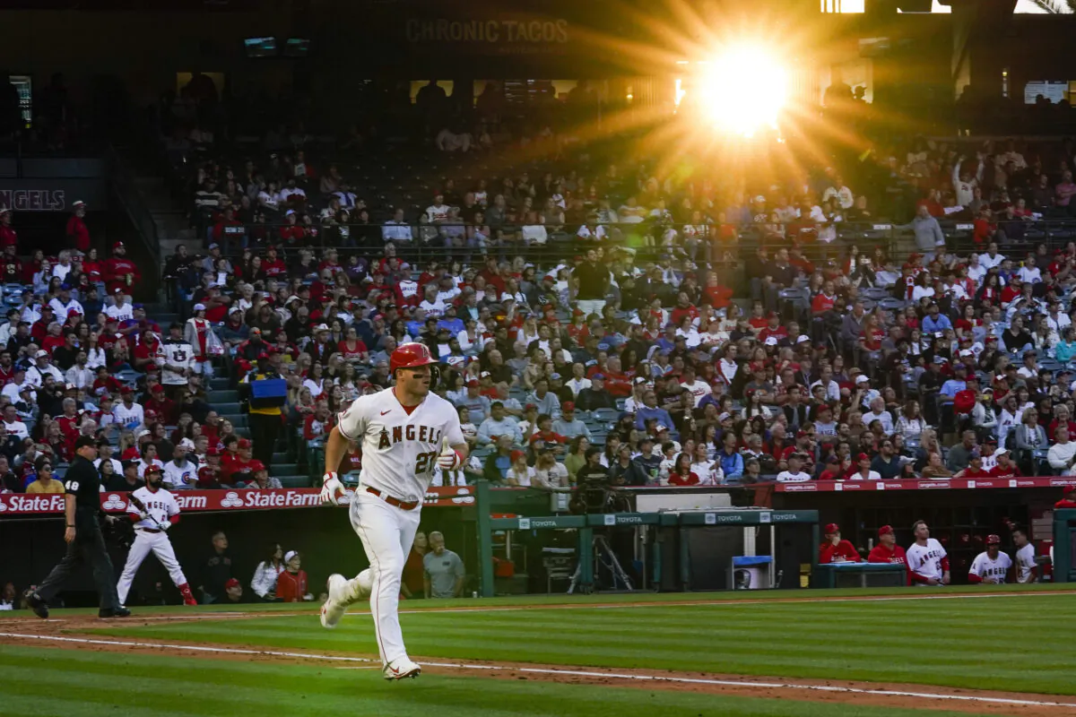 Los Angeles Angels' Mike Trout (27) runs the bases after hitting a home run during the fourth inning of a baseball game against the Chicago Cubs in Anaheim, Calif., on June 6, 2023 (Ashley Landis/AP Photo)