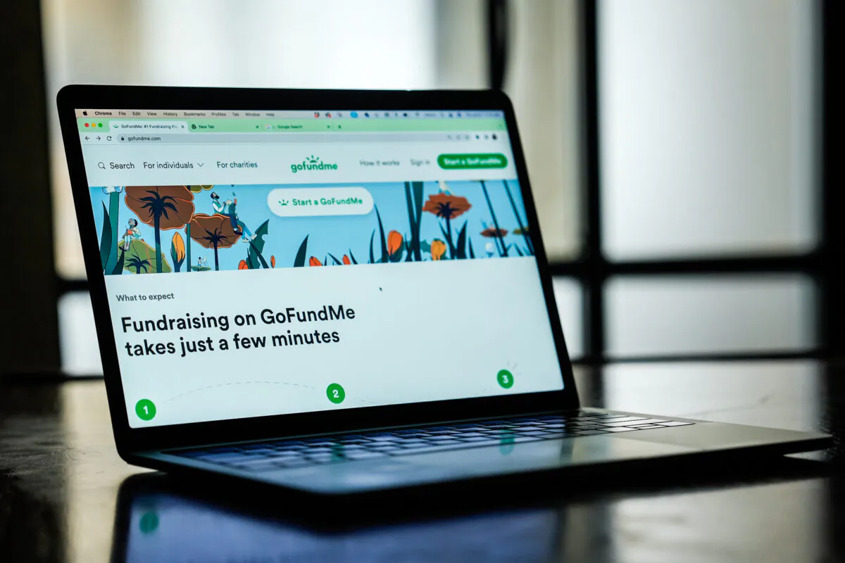 The GoFundMe website is displayed on a laptop in New York City on June 8, 2023. (Samira Bouaou/The Epoch Times)