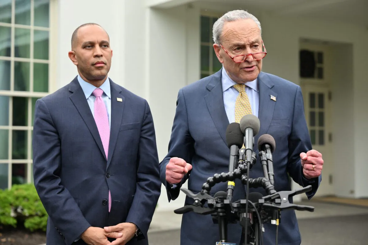 U.S. Senate Majority Leader Chuck Schumer (D-N.Y.) and U.S. House Minority Leader Hakeem Jeffries (D-N.Y.) speak to members of the media at the White House in Washington, on May 16, 2023. (Photo by MANDEL NGAN/AFP via Getty Images)