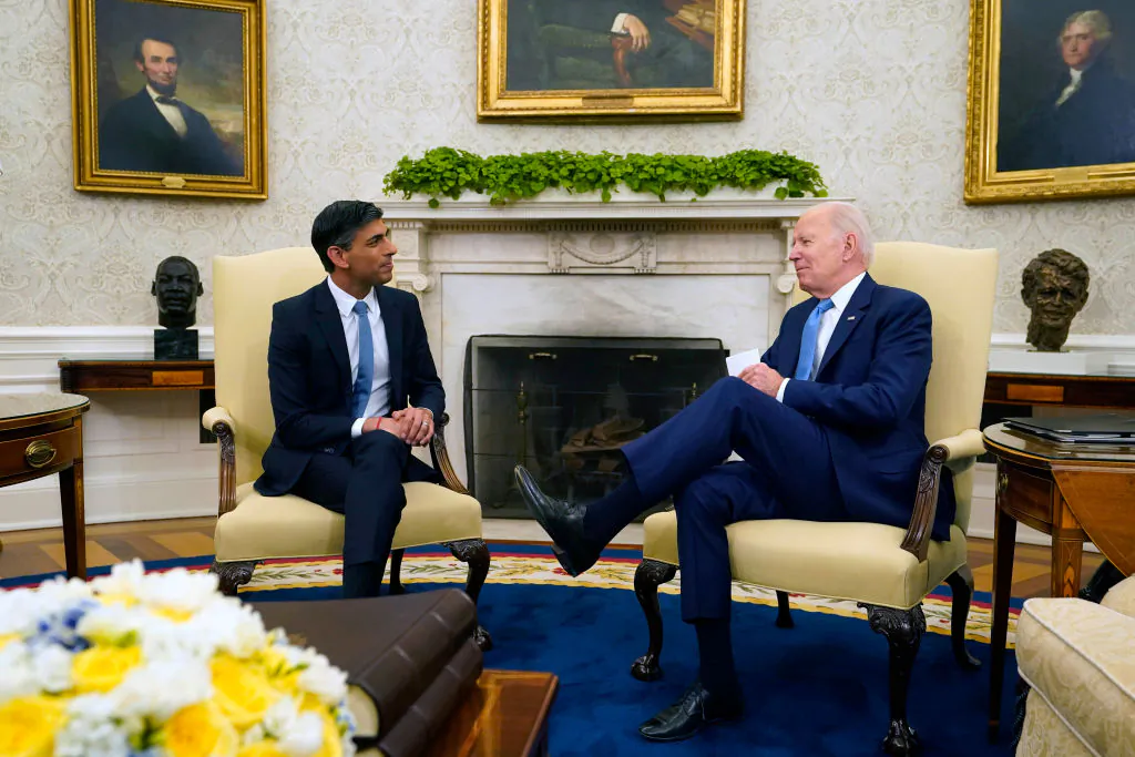 UK Prime Minister Rishi Sunak (L) meets with US President Joe Biden in the Oval Office of the White House on June 8, 2023. (Niall Carson - Pool/Getty Images)