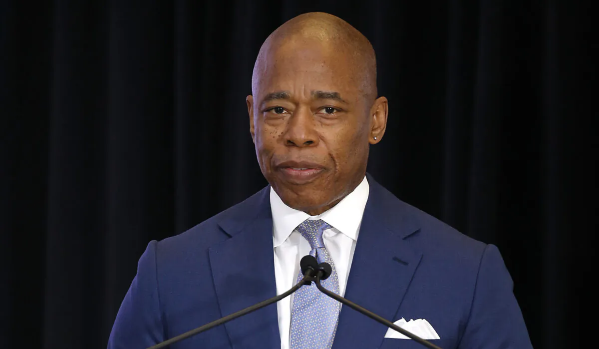 New York City Mayor Eric Adams speaks as MSG Entertainment and Billy Joel make a special franchise announcement at Chase Square at Madison Square Garden in New York City on June 1, 2023. (John Lamparski/Getty Images)
