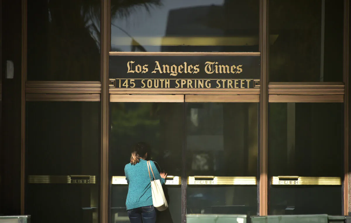 The Los Angeles Times Building in downtown Los Angeles on Feb. 7, 2018. (Frederic J. Brown/AFP via Getty Images)