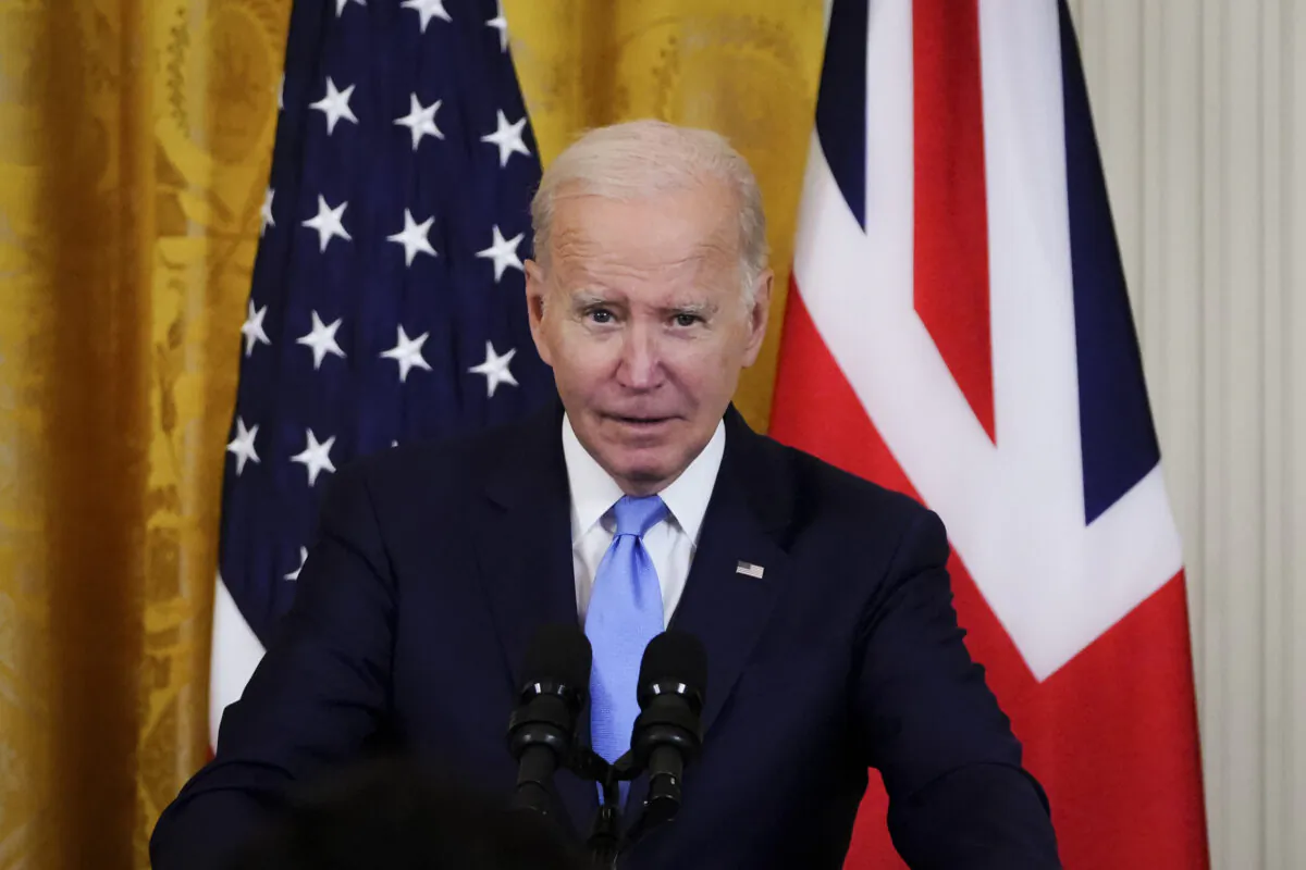 U.S. President Joe Biden speaks during a press conference with UK Prime Minister Rishi Sunak in the East Room of the White House in Washington on June 8, 2023. (Madalina Vasiliu/The Epoch Times)