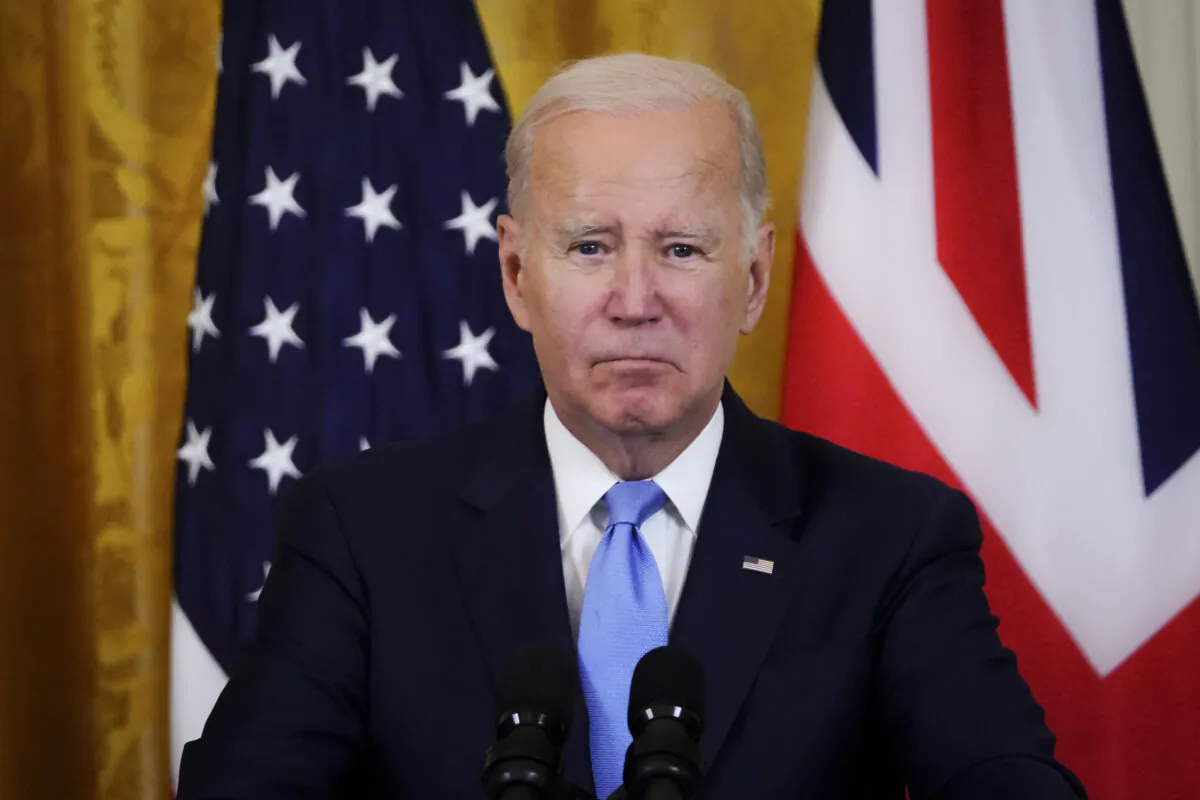 U.S. President Joe Biden speaks during a press conference with UK Prime Minister Rishi Sunak in the East Room of the White House in Washington on June 8, 2023. (Madalina Vasiliu/The Epoch Times)
