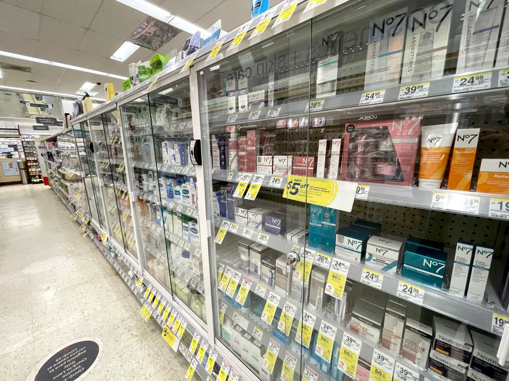 Products are displayed in locked security cabinets at a Walgreens store in San Francisco in a file photo. (Justin Sullivan/Getty Images)