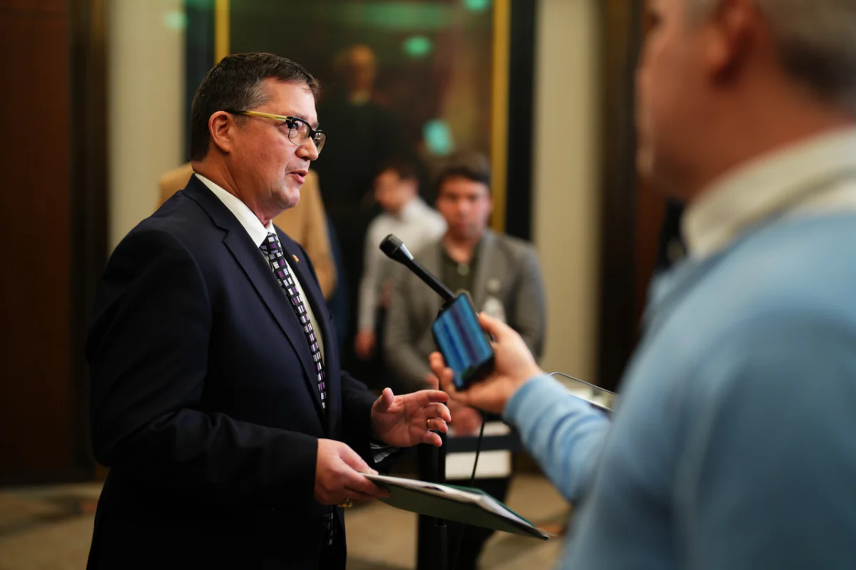Conservative MP Dan Mazier speaks to reporters on Parliament Hill in Ottawa on March 27, 2023. (Sean Kilpatrick/The Canadian Press)
