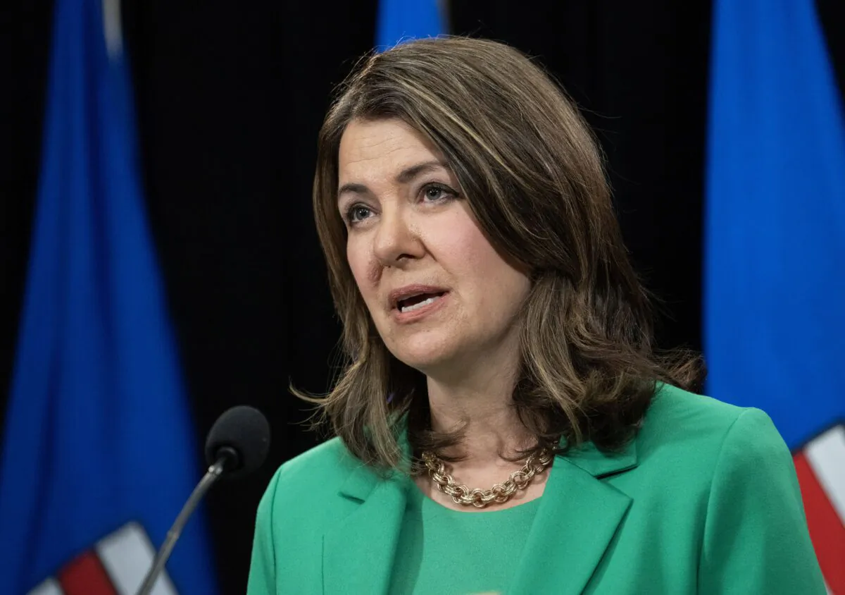 Alberta UCP Leader Danielle Smith holds a news conference during the provincial election in Calgary on May 24, 2023. (Todd Korol/The Canadian Press)