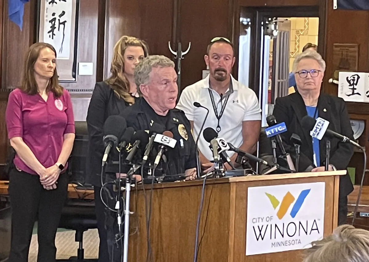 Officials hold a press conference discussing the finding of Madeline Kingsbury in Winona, Minn. on June 9, 2023. (Jacob Shafer/Winona Daily News via AP)