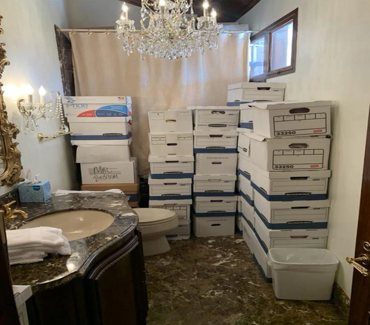Boxes of records stored in a bathroom and shower at Donald Trump’s Mar-a-Lago estate in Palm Beach, Fla. (Department of Justice via AP)