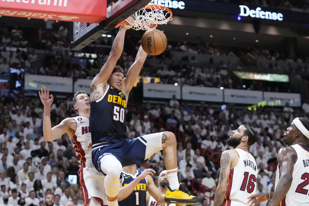 Denver Nuggets forward Aaron Gordon (50)dunks the ball during the first half of Game 4 of the basketball NBA Finals against the Miami Heat in Miami on June 9, 2023. (Wilfredo Lee/AP Photo)