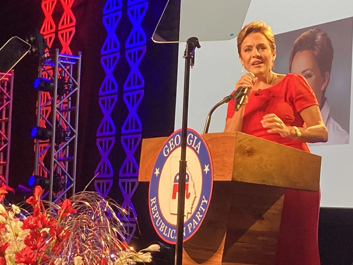 Former Arizona gubernatorial candidate Kari Lake speaks to the Georgia GOP convention in Columbus, Georgia, on June 9, 2023. (Janice Hisle/The Epoch Times)