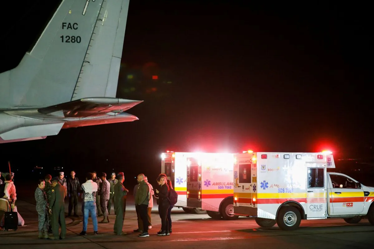 A view of ambulances at the CATAM military airbase on the day the child survivors of a Cessna 206 plane that crashed in thick jungle were brought in by plane from San Jose del Guaviare, in Bogota, Colombia, on June 10, 2023. (Luisa Gonzalez/Reuters)
