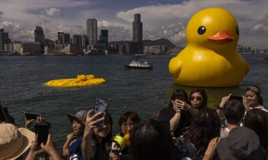 One of 2 Giant Ducks in Hong Kong’s Victoria Harbor Deflates