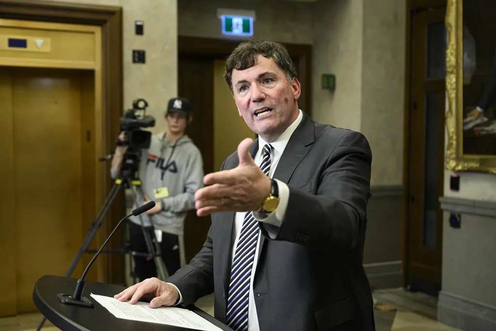 Minister Dominic LeBlanc speaks during a news conference following the resignation of David Johnston in the foyer of the House of Commons on Parliament Hill in Ottawa, on June 10, 2023. (The Canadian Press/Justin Tang)