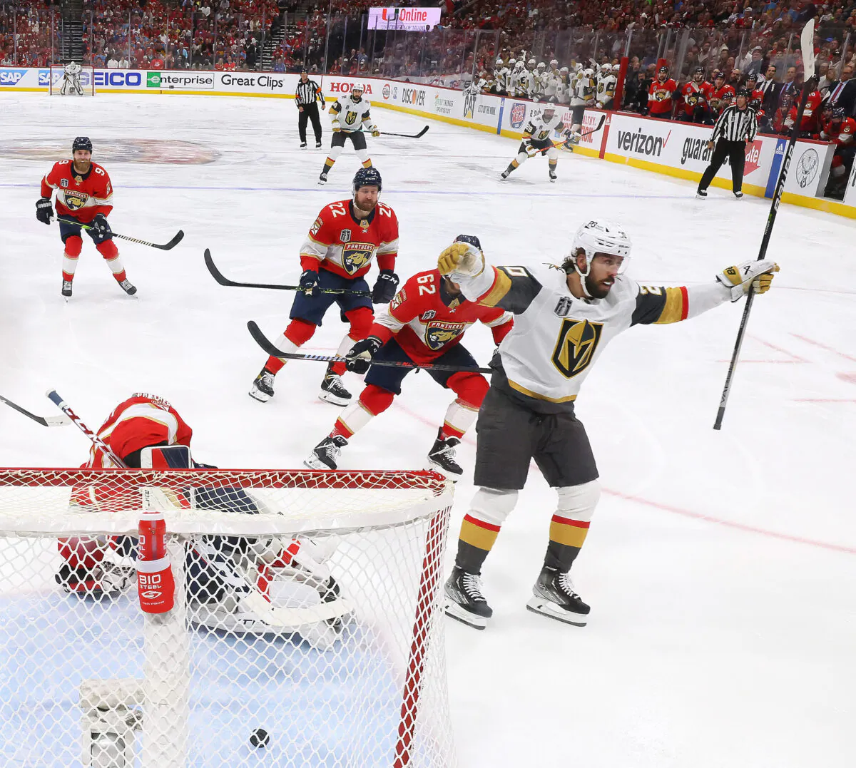 Chandler Stephenson (20) of the Vegas Golden Knights scores a goal past Sergei Bobrovsky (72) of the Florida Panthers during the first period in Game Four of the 2023 NHL Stanley Cup Final at FLA Live Arena in Sunrise, Fla., on June 10, 2023. (Bruce Bennett/Getty Images)