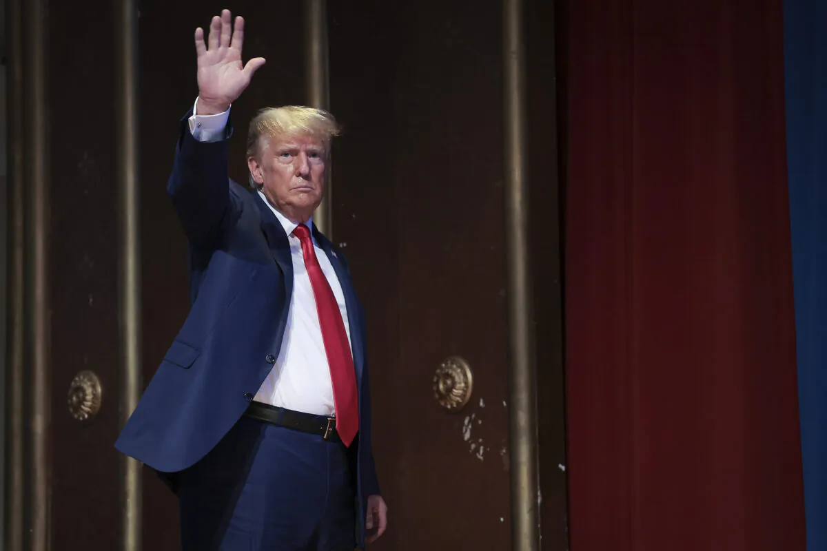 Republican presidential candidate former President Donald Trump gestures to the audience after delivering remarks in Greensboro, N.C., on June 10, 2023. (Win McNamee/Getty Images)