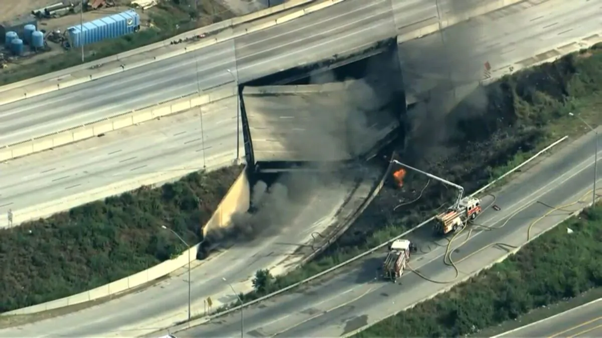 Firefighters respond to the scene of a collapse of Interstate 95, after a vehicle caught fire, in Philadelphia on June 11, 2023. (Courtesy of KYW)