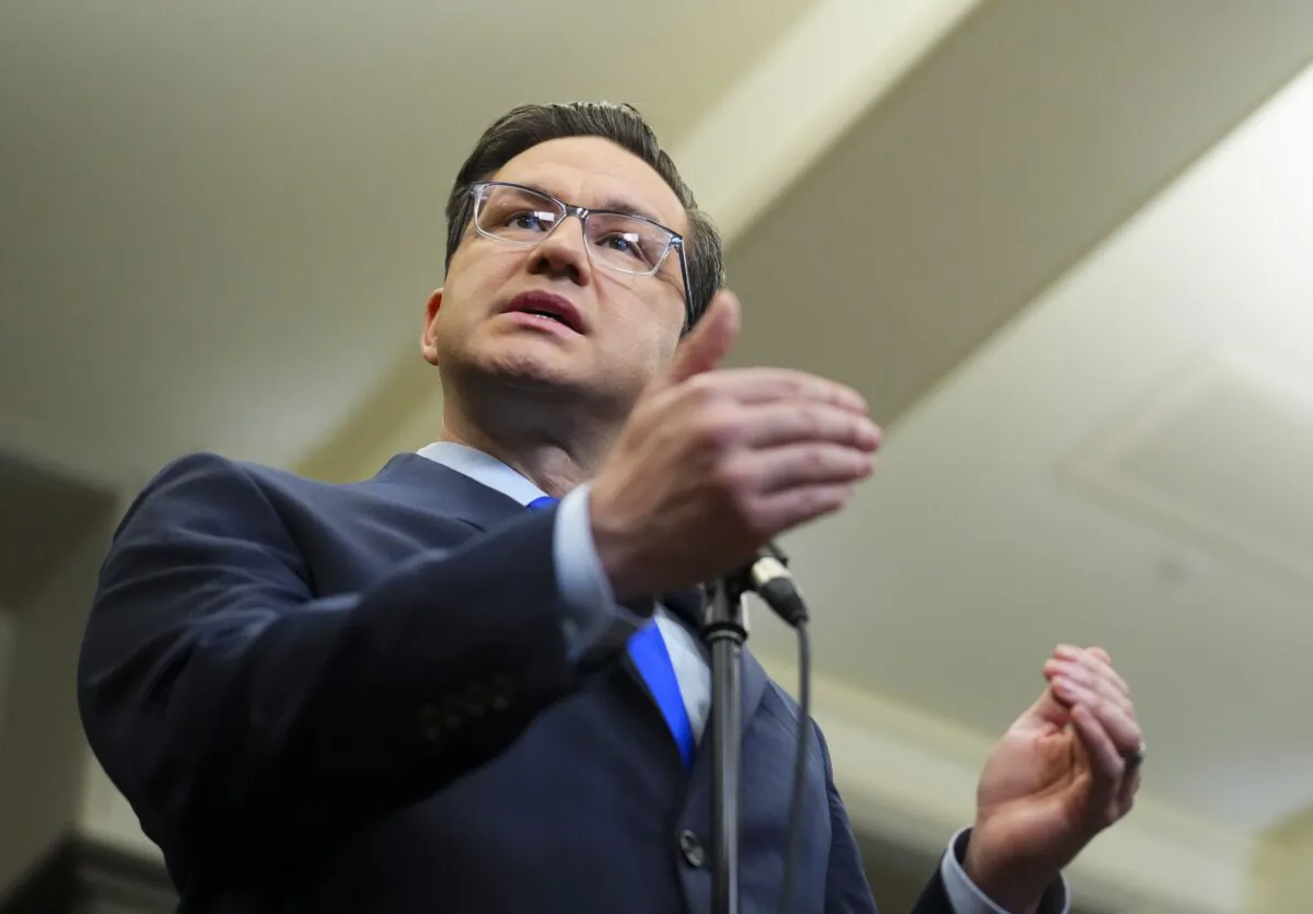 Conservative Leader Pierre Poilievre speaks to reporters in the foyer of the House of Commons on Parliament Hill in Ottawa on June 8, 2023. (Sean Kilpatrick/The Canadian Press)