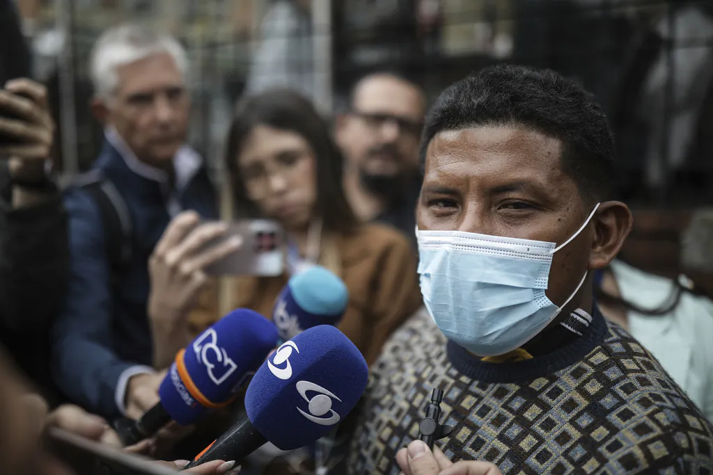 Manuel Ranoque, the father of two of the youngest Indigenous children who survived an Amazon plane crash, speaks to the media in Bogota, Colombia on June 11, 2023. (Ivan Valencia/AP Photo)