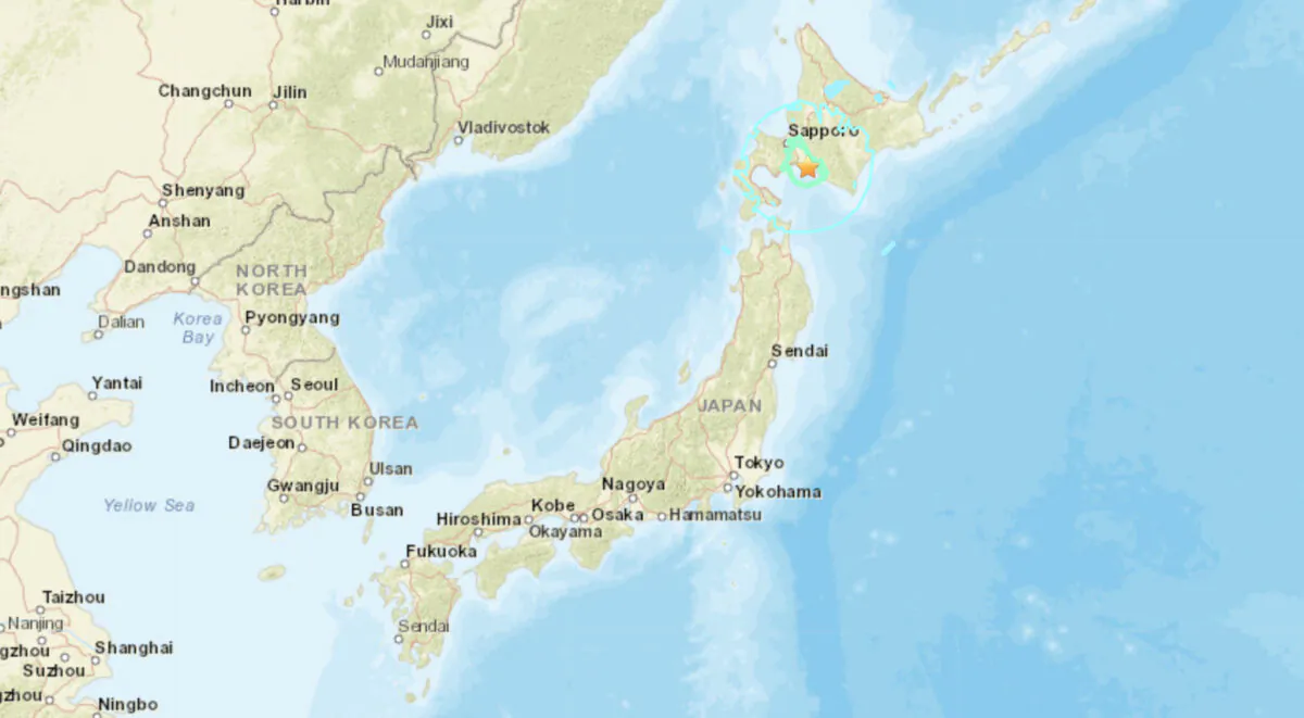 A map shows the epicenter of a magnitude 6.2 earthquake that struck Hokkaido, Japan, on June 11, 2023. (USGS/Google Maps via The Epoch Times)