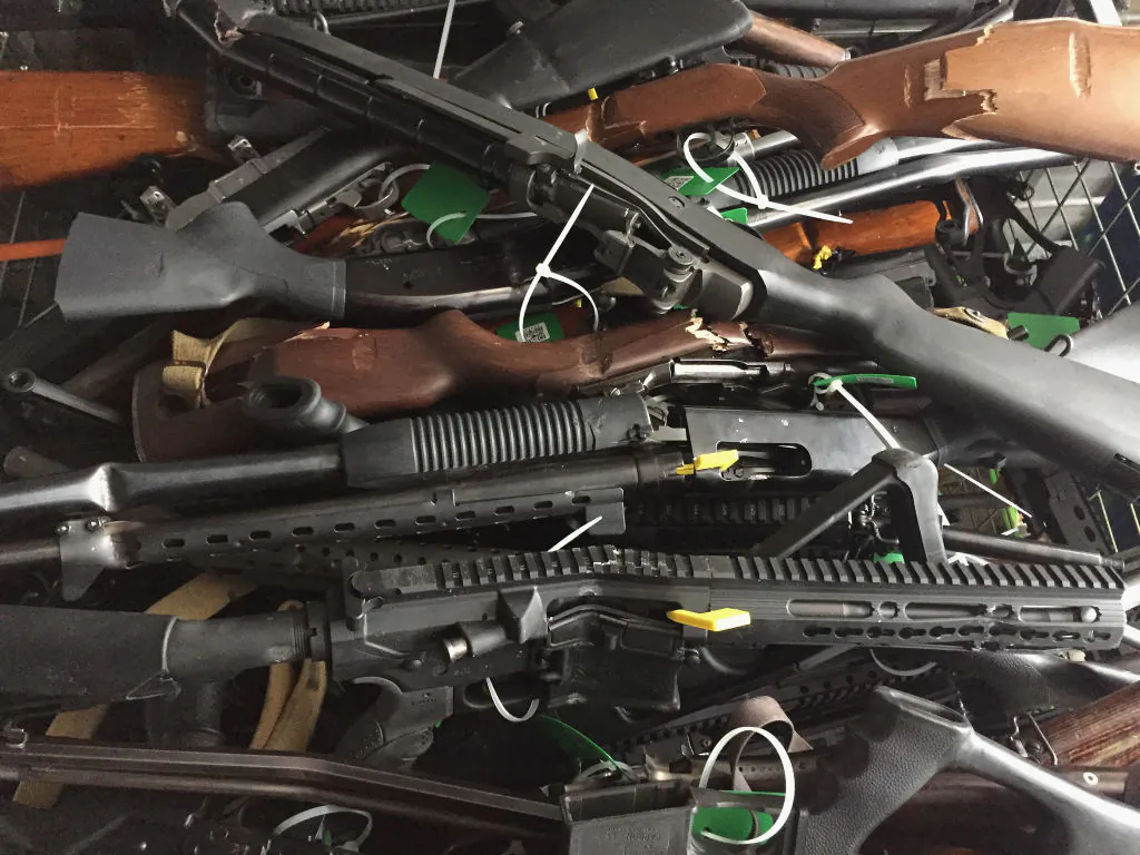 In this handout image provided by New Zealand Police, collected firearms are seen at Riccarton Racecourse in Christchurch, New Zealand, on July 13, 2019. (New Zealand Police/Getty Images)
