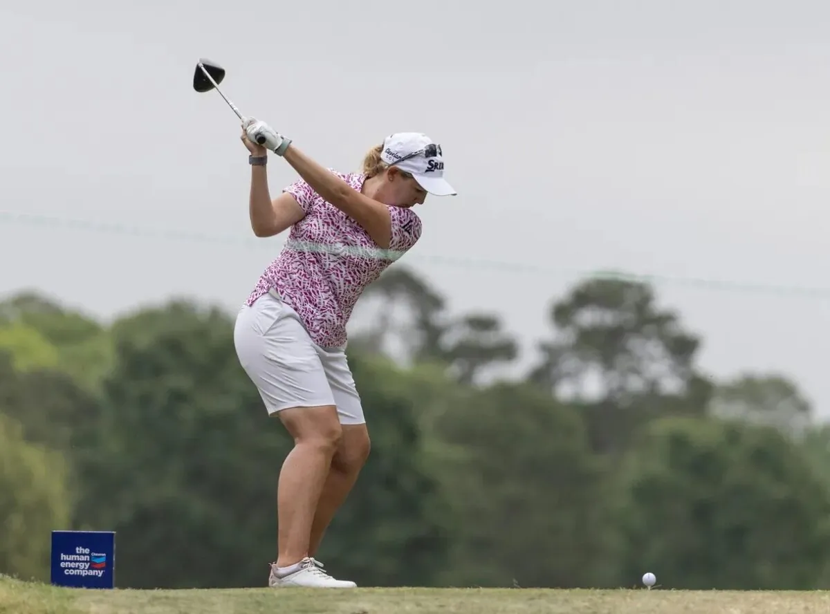 Ashleigh Buhai (ZAF) hits from the sixth tee during the first round of The Chevron Championship golf tournament in the Woodlands, Texas on Apr 20, 2023. (Thomas Shea/USA TODAY Sports via Field Level Media)