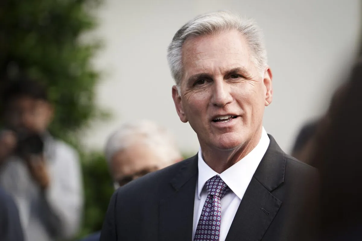 House Speaker Kevin McCarthy (R-Calif.) speaks to the press after meeting President Joe Biden to discuss the debt ceiling at the White House on May 22, 2023.(Madalina Vasiliu/The Epoch Times)