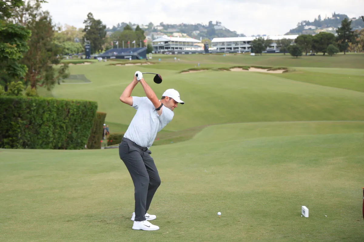 Scottie Scheffler of the United States plays his shot from the tenth tee during a practice round prior to the 123rd U.S. Open Championship at The Los Angeles Country Club in Los Angeles on June 12, 2023. (Andrew Redington/Getty Images)