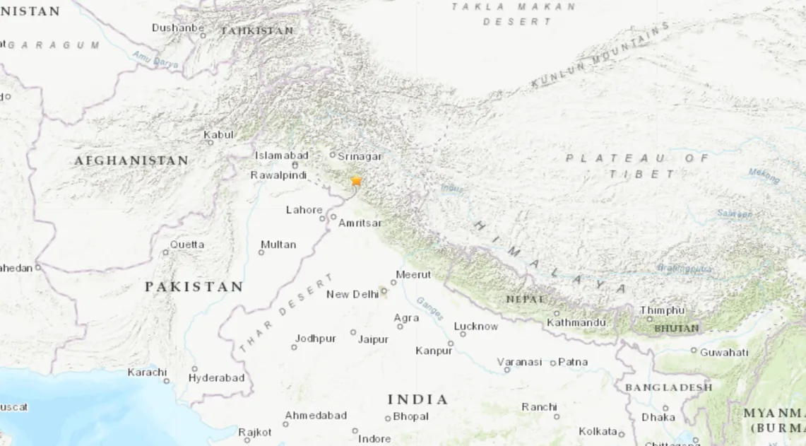 A map showing the location of a magnitude 5.4 earthquake that struck the eastern India-controlled Kashmir region, on June. 13, 2023. (USGS/Screenshot via The Epoch Times)