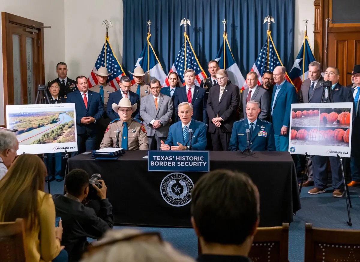 Texas Gov. Greg Abbott signed a package of bills to increase border security and announced his plan to deploy floating barriers along the Rio Grande to deter crossings on June 9, 2023. (Office of the Governor)