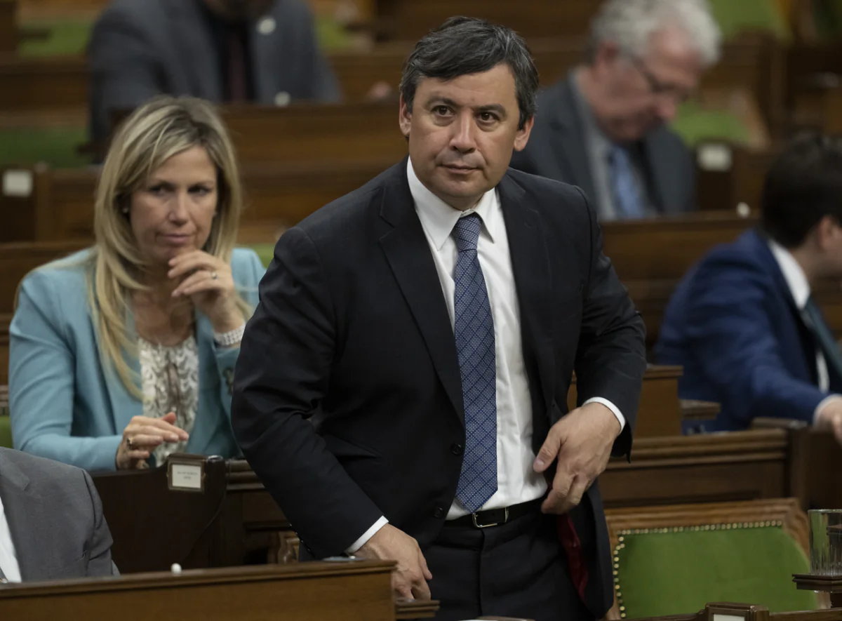 Conservative MP for Wellington-Halton Hills Michael Chong votes against a motion of privilege on the Intimidation campaign against members of Parliament in the House of Commons, in Ottawa, on May 9, 2023. (The Canadian Press/Adrian Wyld)
