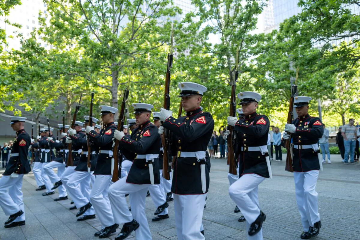 Members of the Marine Corps Silent Drill Platoon participate in a morning performance at Ground Zero during Fleet Week in Manhattan in New York City on May 25, 2023. (Spencer Platt/Getty Images) 