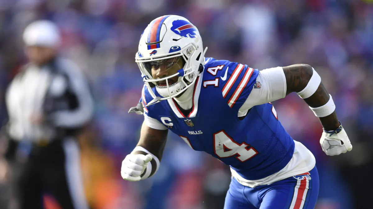 Buffalo Bills wide receiver Stefon Diggs (14) runs a route during the first half of an NFL wild-card playoff football game against the Miami Dolphins, in Orchard Park, N.Y. on Jan. 15, 2023. (Adrian Kraus/AP Photo, File)