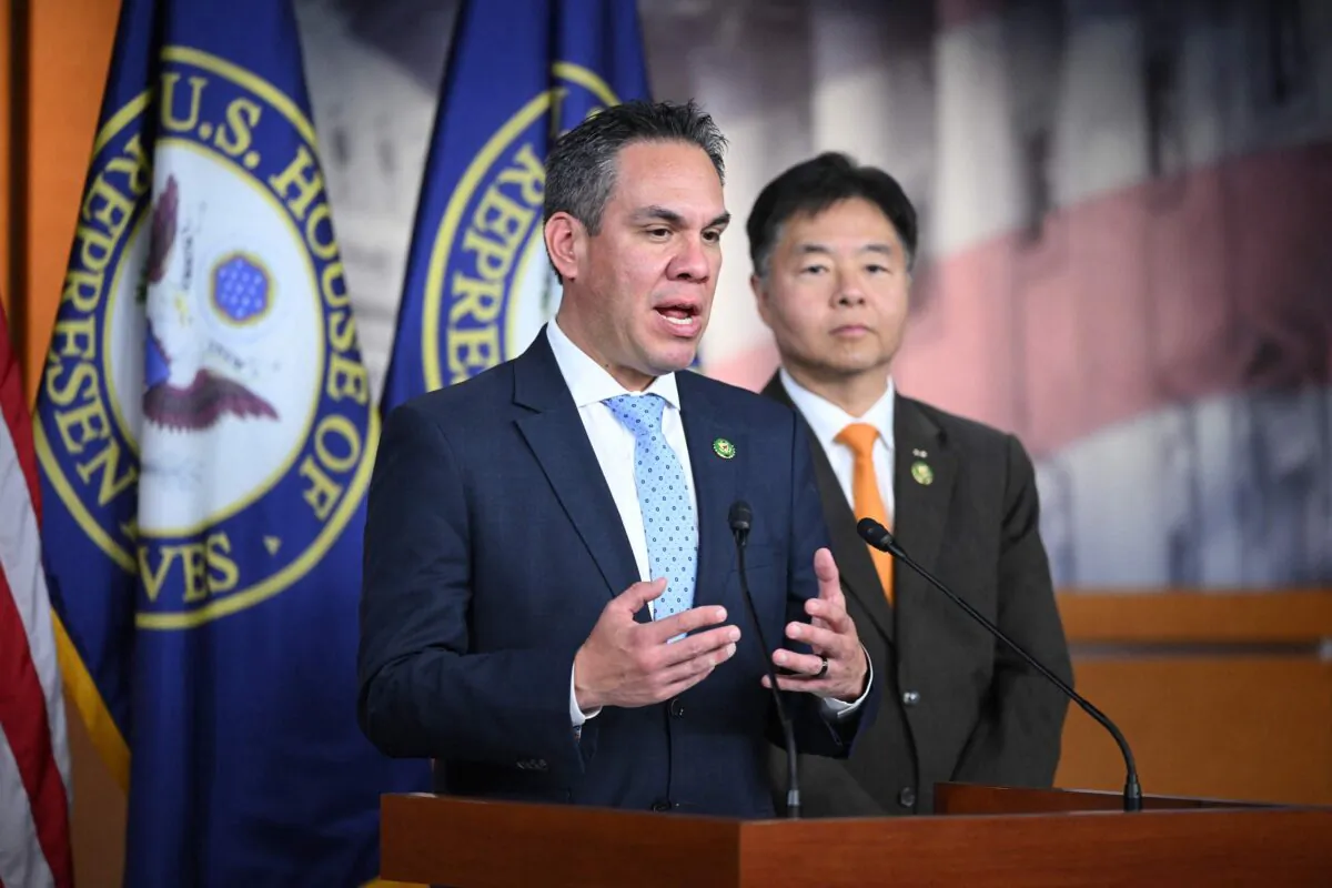 House Democratic Caucus Chairman Rep. Pete Aguilar (D-Calif.), with Vice Chairman Rep. Ted Lieu (D-Calif.) (R), speaks during a press conference on Capitol Hill in Washington, on June 6, 2023. (Mandel Ngan/AFP via Getty Images)