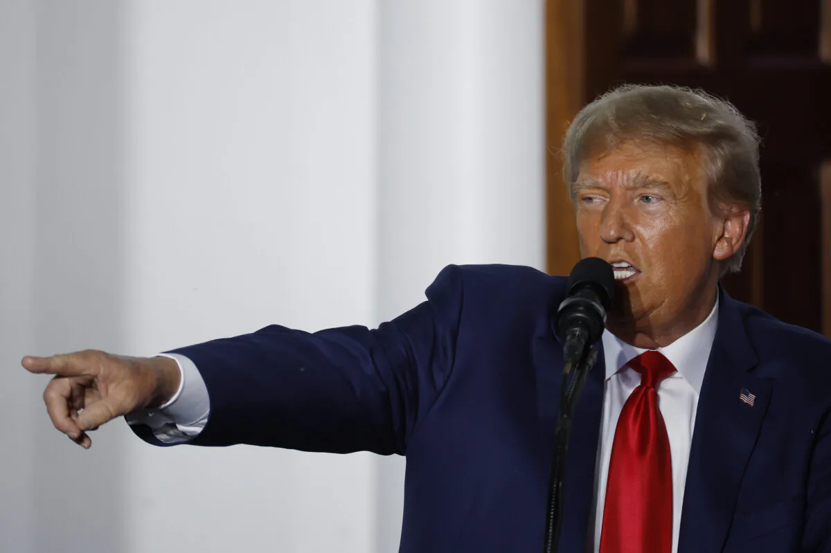 Former President Donald Trump delivers remarks outside the club house at the Trump National Golf Club in Bedminster, N.J., on June 13, 2023. (Chip Somodevilla/Getty Images)