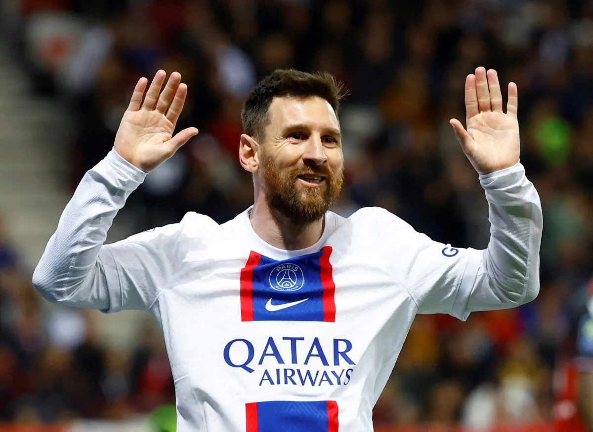 Lionel Messi celebrates scoring their first goal during the match of OGC Nice v Paris St Germain in Allianz Riviera, Nice, France, on April 8, 2023. (Eric Gaillard/Reuters)