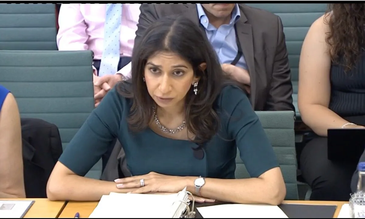 Home Secretary Suella Braverman speaking to the Home Affairs Select Committee on June 14, 2023. (Parliament TV/Screenshot via The Epoch Times)