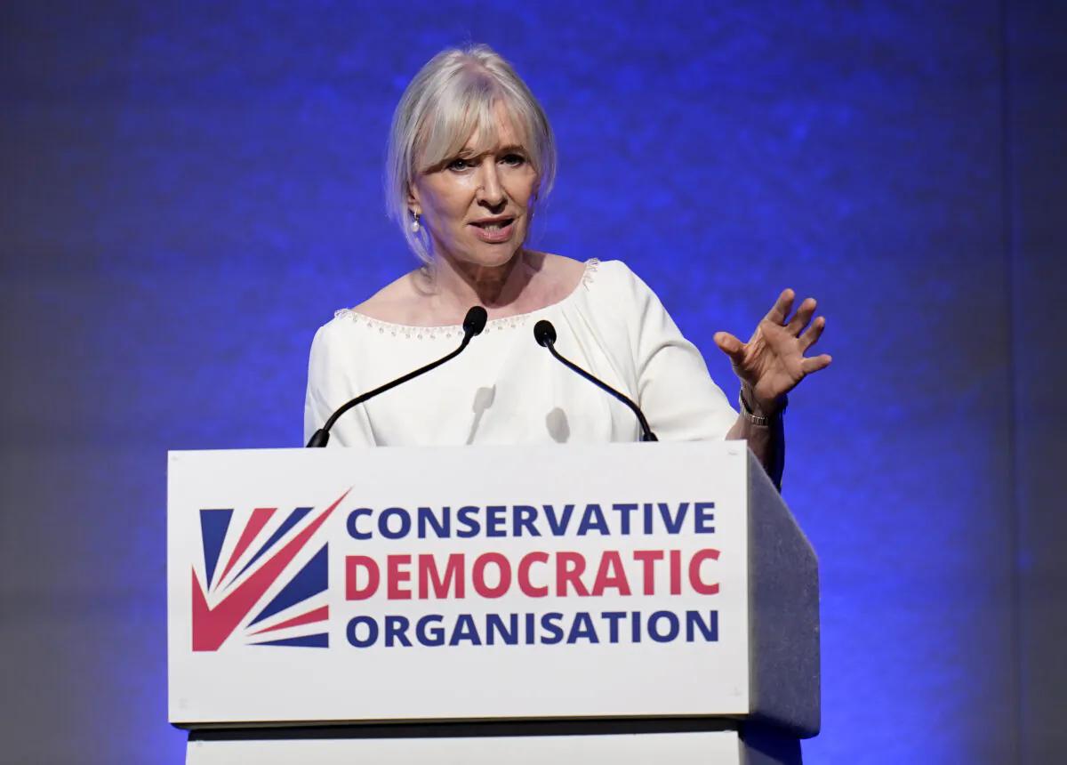Nadine Dorries gives a speech at the Conservative Democratic Organisation conference at Bournemouth International Centre, Bournemouth, England, on May 13, 2023. (Andrew Matthews/PA Media)