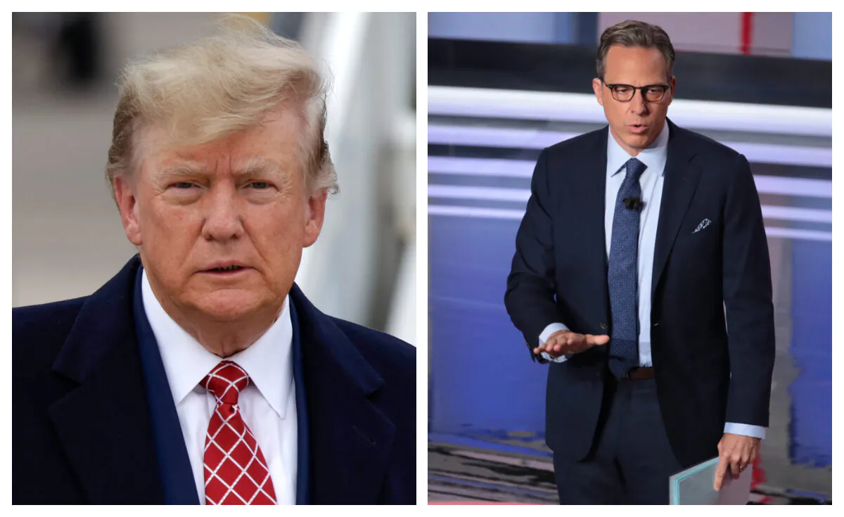 Former U.S. President Donald Trump as seen at the Aberdeen Airport in Scotland on May 1, 2023. CNN moderator Jake Tapper speaks to the audience during a Democratic primary debate in Detroit, in 2019. (Jeff J Mitchell/Getty Images; Scott Olson/Getty Images)
