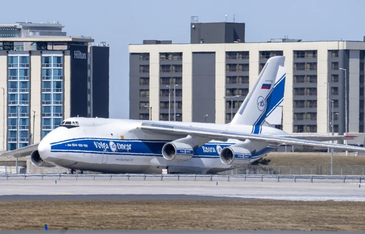 A Russian-registered Antonov AN-124 owned by Volga-Dneper sits on the tarmac at Pearson Airport in Toronto on March 21, 2022. (The Canadian Press/Frank Gunn)
