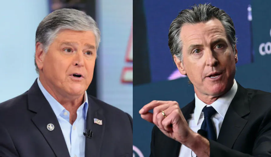 (L) Sean Hannity speaks during a live taping of "Hannity" at FOX Studios in New York City on Jan. 13, 2023. (Theo Wargo/Getty Images); (R) California Governor Gavin Newsom speaks during the Milken Institute Global Conference in Beverly Hills, Calif., on May 2, 2023. (Patrick T. Fallon/AFP via Getty Images)