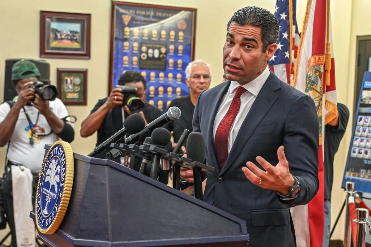 Miami Mayor Francis Suarez speaks during a press conference at the City of Miami Police Department in Miami on June 12, 2023. (Giorgio Viera/AFP via Getty Images)