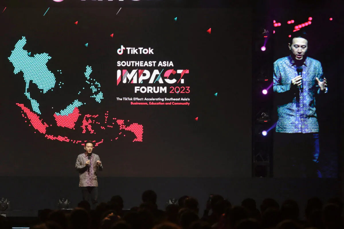 TikTok Chief Executive Officer Shou Zi Chew delivers his speech during the launch of TikTok Socio-Economic Impact Report 2023 event at The Ritz Carlton, Pacific Place in Jakarta, Indonesia, on June 15, 2023. (Ajeng Dinar Ulfiana/Reuters) 